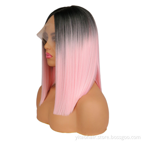 Popular Ombre Pink Bob Wig Depuy Synthes Tfnadvanced Female High Temperature Silk Chemical Fiber Lace front  colored  Bob Wig